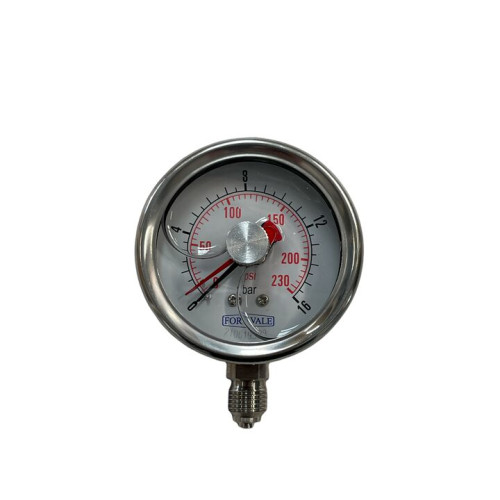 MANOMETR, ŚREDNICA 2,5", 0-16 BAR, PRZYŁĄCZE 1/4"BSP, OBUDOWA ZE STALI NIERDZEWNEJ, WSKAŹNIK MAX/MIN.

