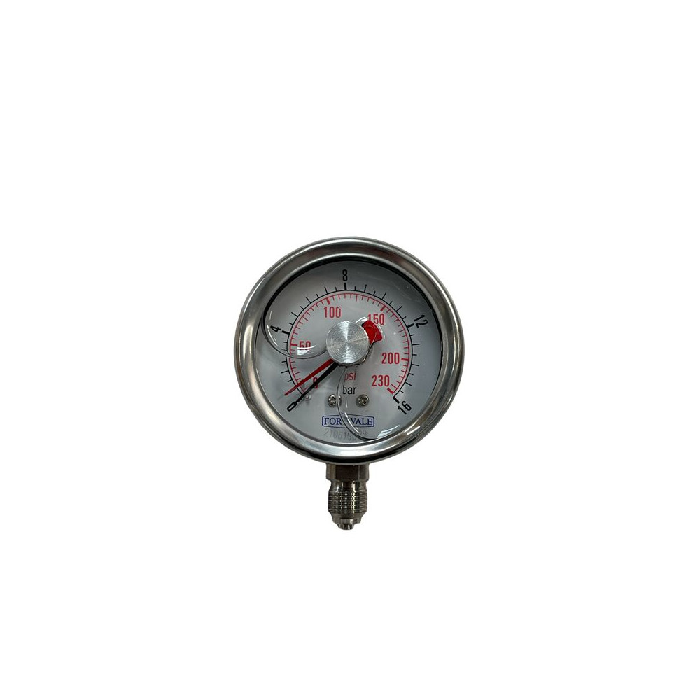 MANOMETR, ŚREDNICA 2,5", 0-16 BAR, PRZYŁĄCZE 1/4"BSP, OBUDOWA ZE STALI NIERDZEWNEJ, WSKAŹNIK MAX/MIN.
