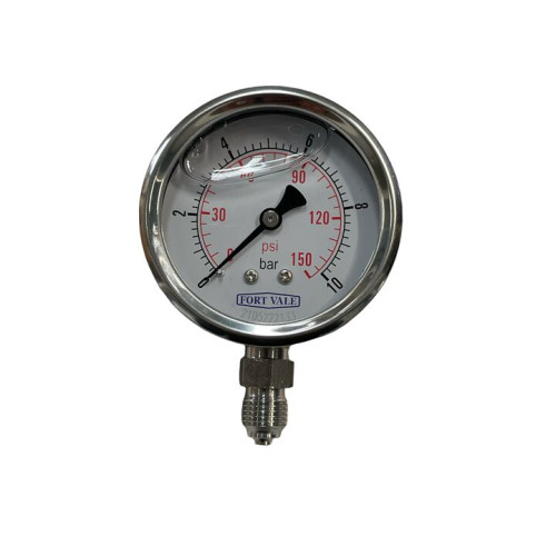 MANOMETR, ŚREDNICA 2,5", 0-10 BAR, PRZYŁĄCZE 1/4"BSP, OBUDOWA ZE STALI NIERDZEWNEJ.
