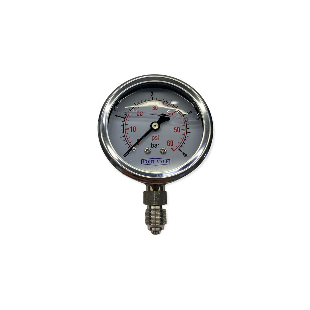 MANOMETR, ŚREDNICA 2,5", 0-4 BAR, PRZYŁĄCZE 1/4"BSP, OBUDOWA ZE STALI NIERDZEWNEJ.
