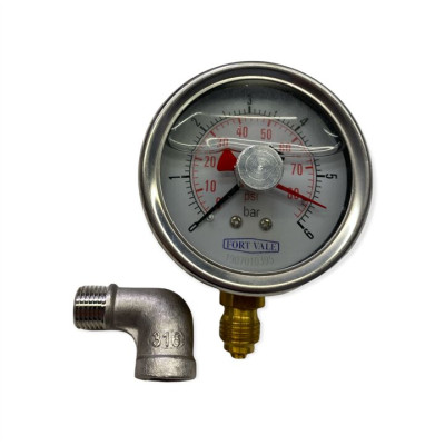 PRESSURE GAUGE, 2.5" DIAMETER, 0-6 BAR, 1/4"BSP CONNECTION, BRASS HOUSING, TELL TALE