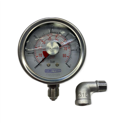 PRESSURE GAUGE, 2.5" DIAMETER, 0-6 BAR, 1/4"BSP CONNECTION, STAINLESS HOUSING, TELL TALE