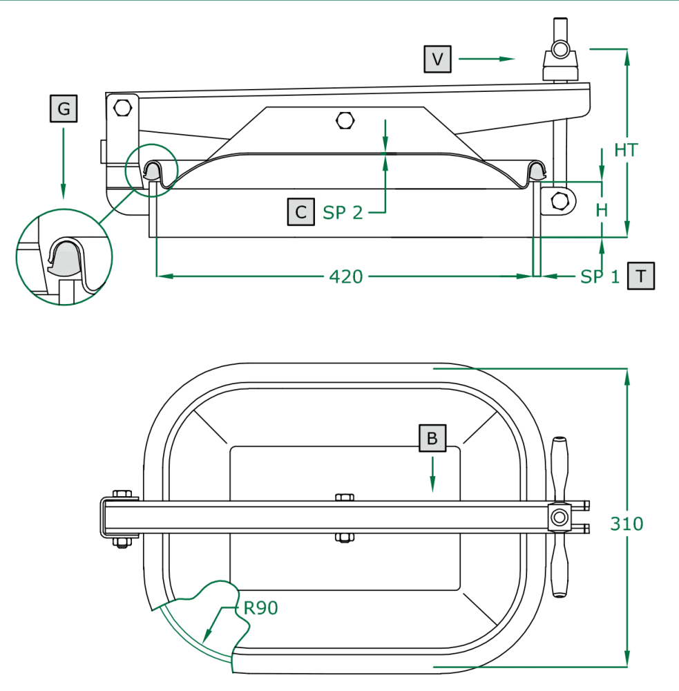Prostokątny właz otwierany na zewnątrz 373 312 x 422mm AISI316L
