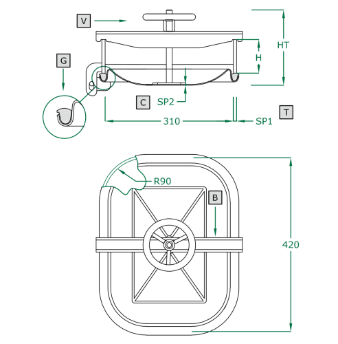 Prostokątny właz otwierany do wewnątrz 374 422 x 312mm AISI316L