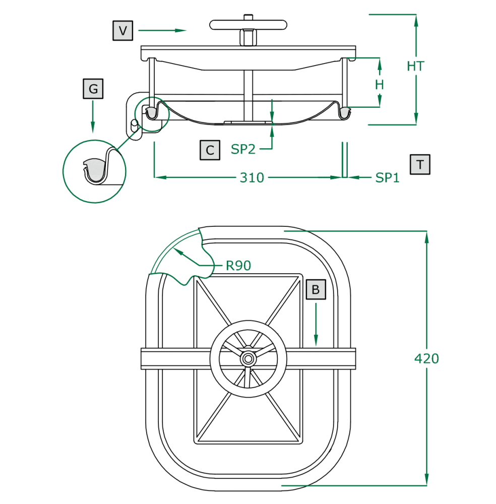 Prostokątny właz otwierany do wewnątrz 374 422 x 312mm AISI316L